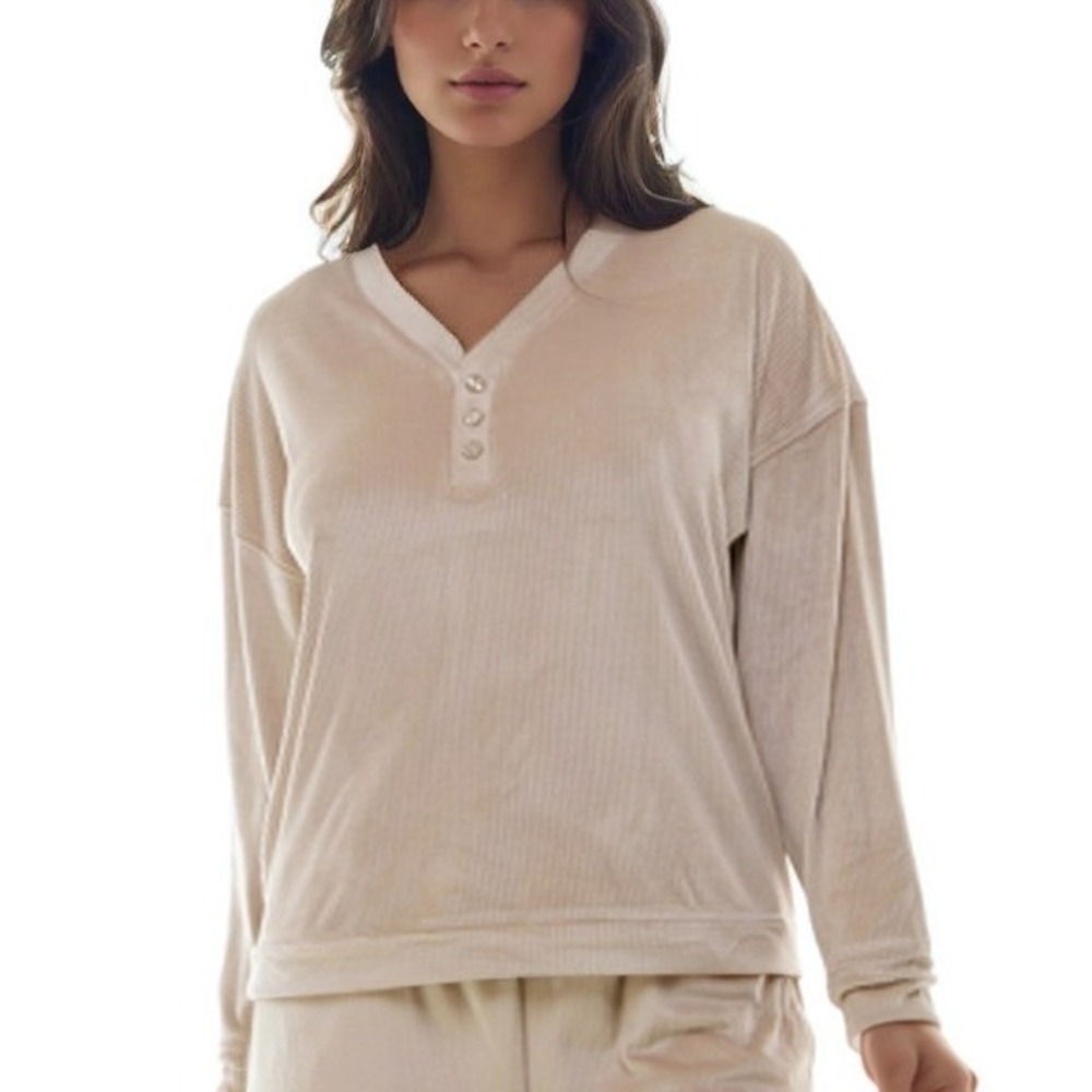 Roudelain Womens Ribbed Velour Henley Top Beige Large Soft Cozy Loungewear NWT